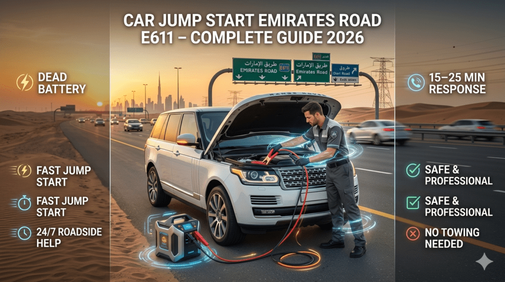 Car jump start service on Emirates Road E611 Dubai with technician boosting dead battery roadside emergency assistance
