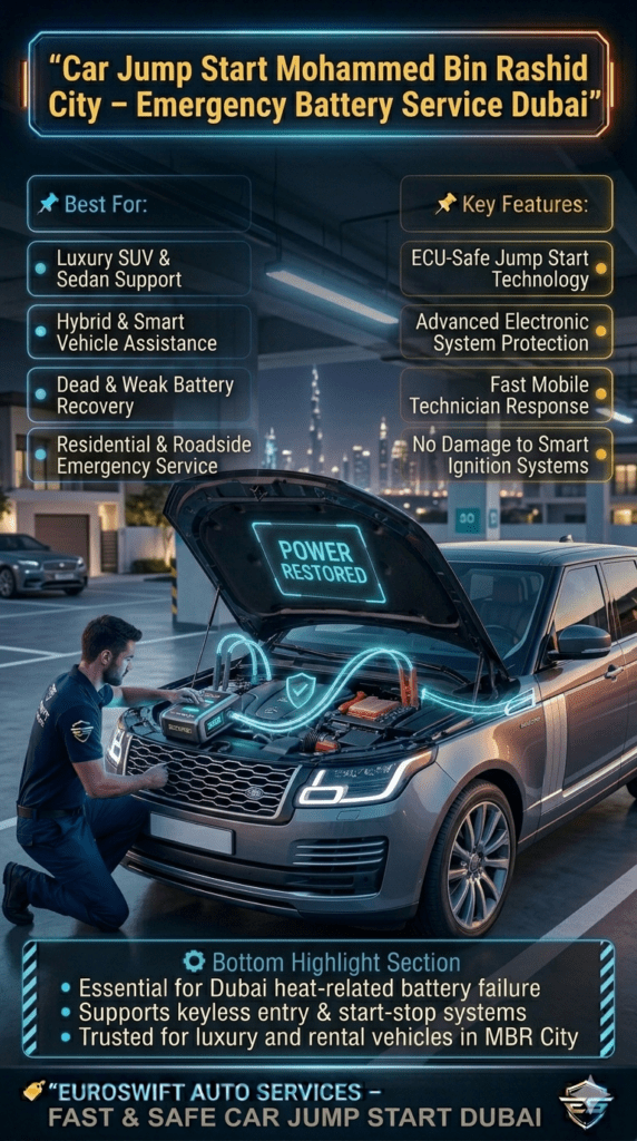 Luxury car jump start service in Mohammed Bin Rashid City Dubai showing technician using portable jump starter on BMW SUV with infographic-style safety and emergency roadside assistance details.