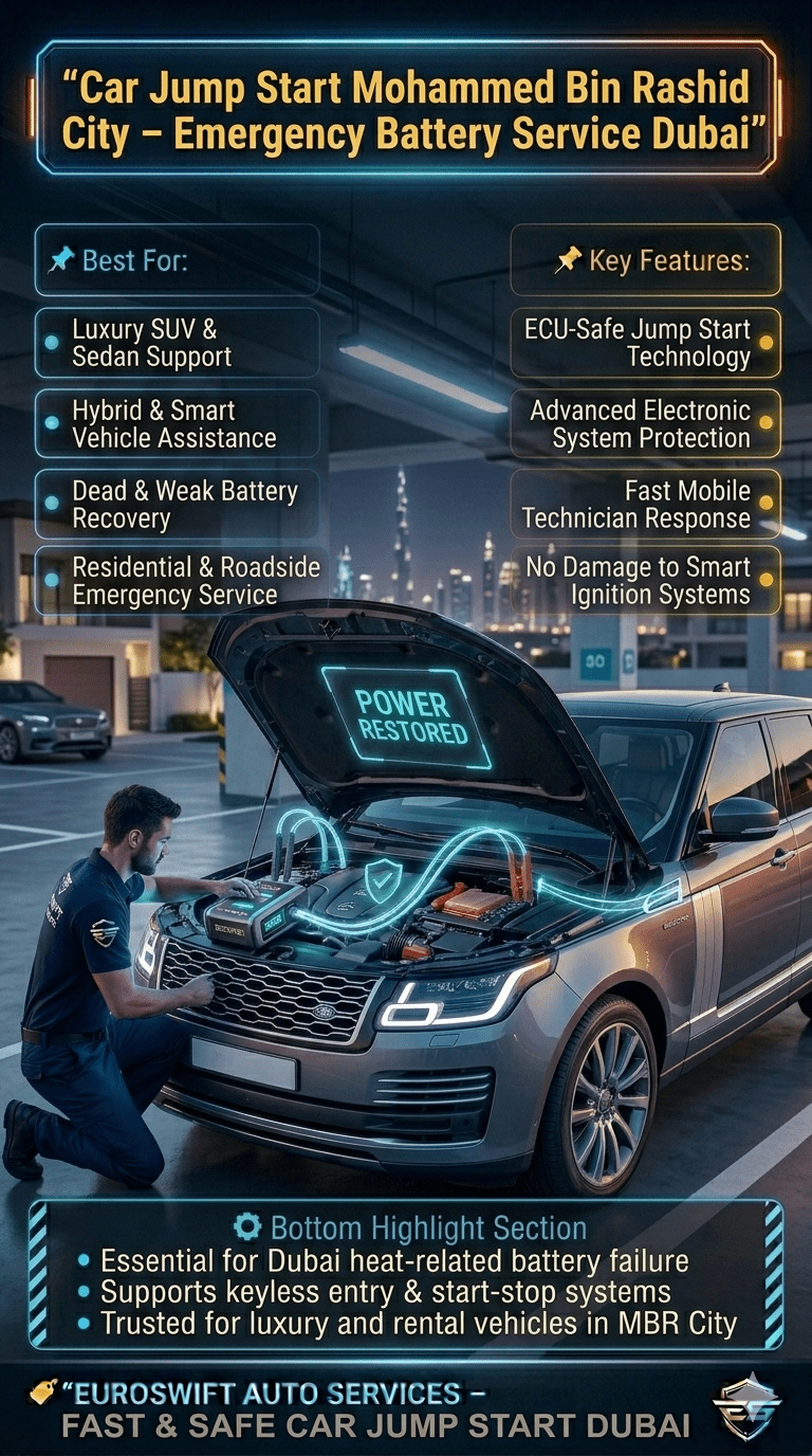 Luxury car jump start service in Mohammed Bin Rashid City Dubai showing technician using portable jump starter on BMW SUV with infographic-style safety and emergency roadside assistance details.
