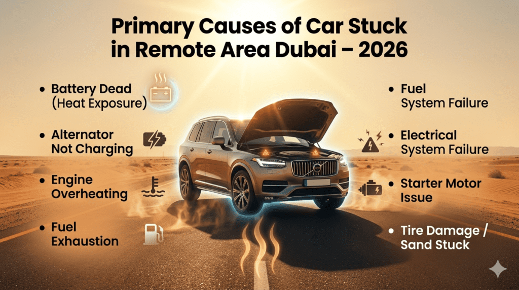 Primary causes of car stuck in remote area Dubai 2026 including battery failure overheating and fuel issues
