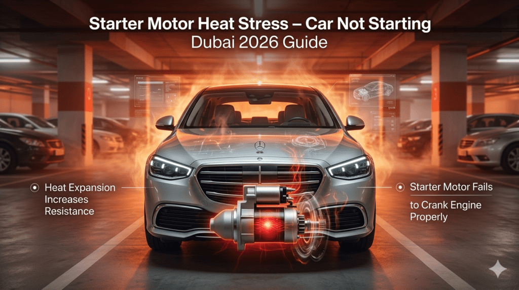 Starter motor heat stress in Dubai basement parking showing engine resistance due to heat expansion causing starting failure.