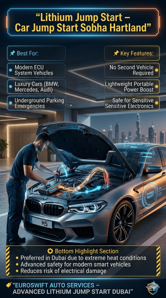 Luxury car jump start Sobha Hartland using portable lithium battery booster device showing ECU-safe emergency roadside assistance with infographic-style features and EuroSwift Auto Services branding.