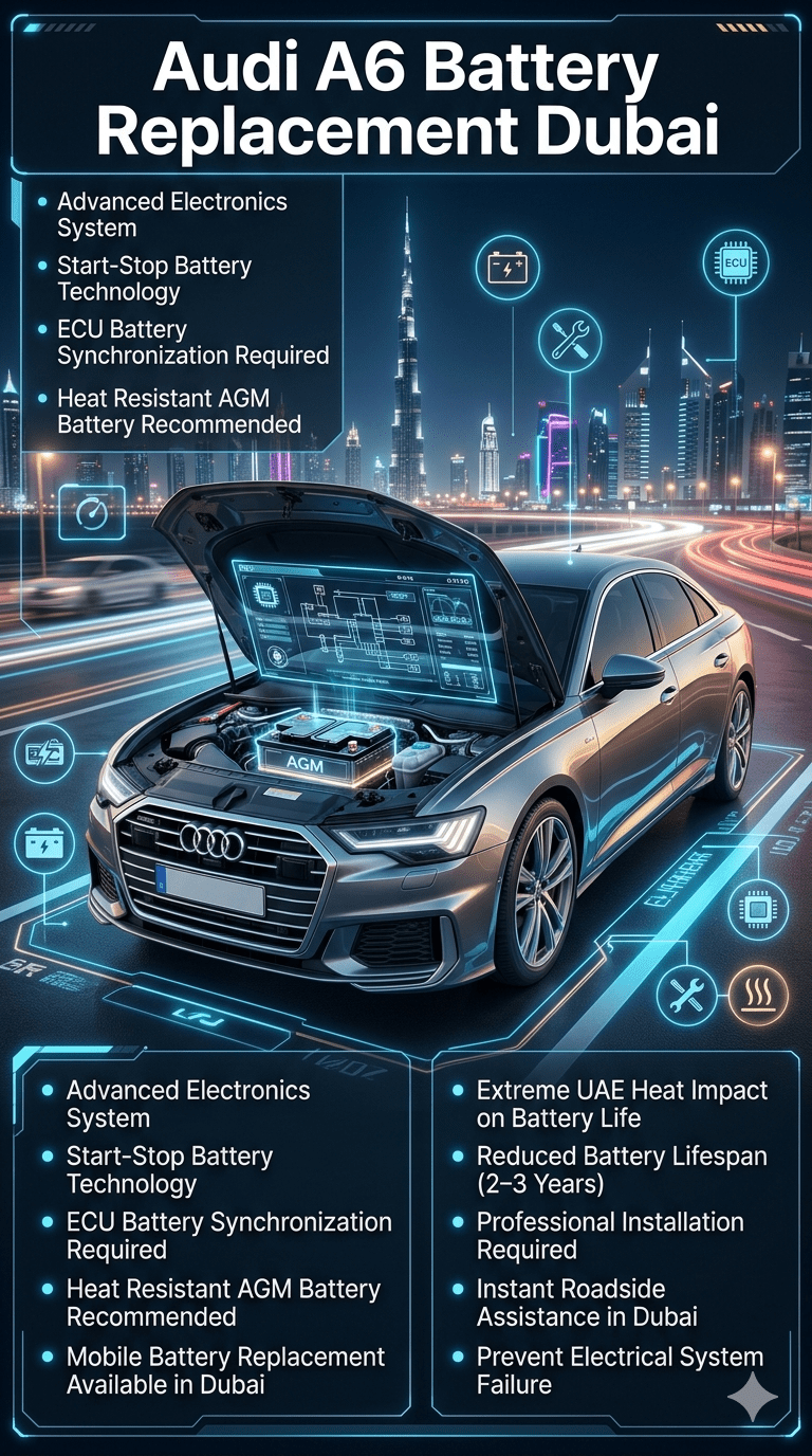 Audi A6 battery replacement Dubai infographic showing luxury Audi car with AGM battery installation, ECU system synchronization, and Dubai heat impact maintenance guide.