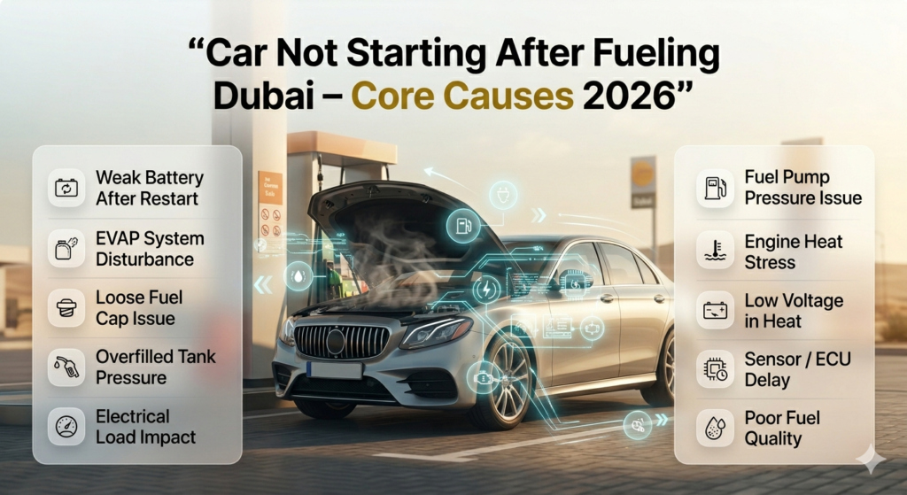 Car not starting after fueling in Dubai showing battery, fuel system, and heat-related causes in infographic style.