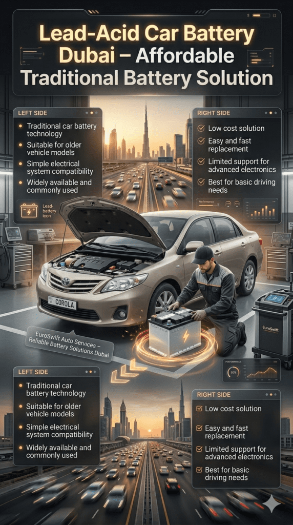 Lead-acid car battery replacement in Dubai showing older vehicle with technician installing traditional low cost battery suitable for basic electrical systems