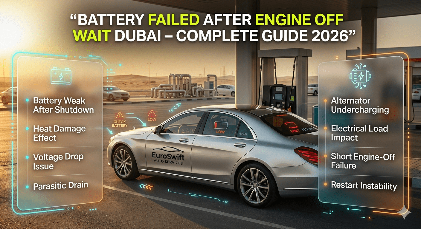 Car battery failure after engine off wait in Dubai showing heat, voltage drop, and restart issues in infographic style.