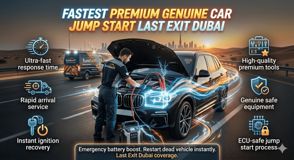 Luxury car jump start service in Last Exit Dubai with fast roadside battery boost and professional technician using advanced equipment