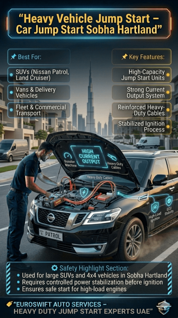Heavy vehicle jump start service in Sobha Hartland Dubai showing Nissan Patrol being started using high-capacity booster unit with reinforced cables and infographic-style technical details.