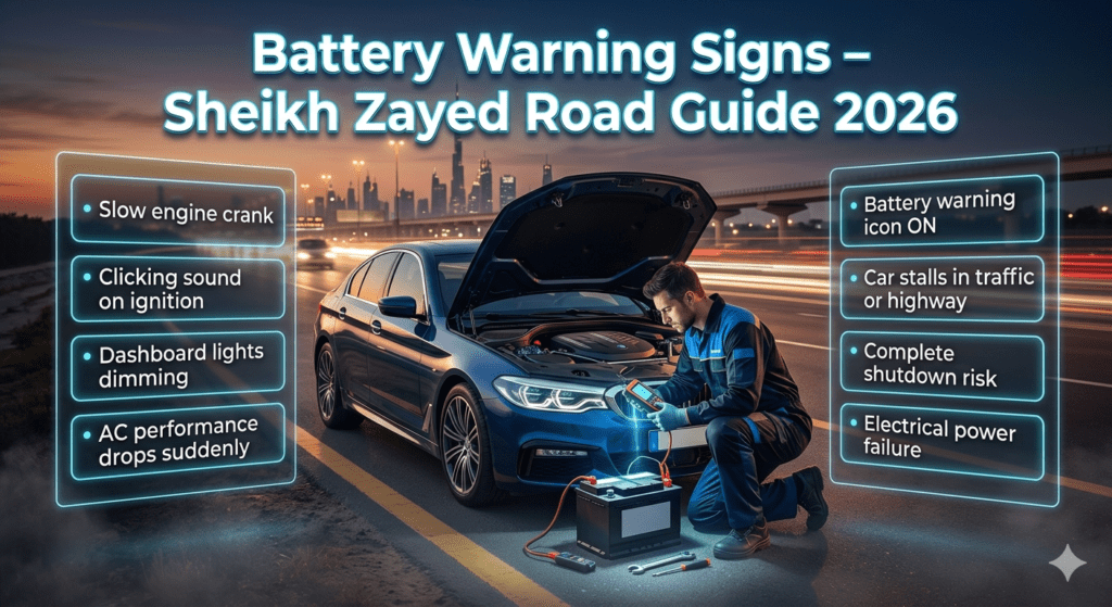 A cinematic roadside breakdown scene on Sheikh Zayed Road showing a mechanic inspecting a luxury car battery with warning signs displayed on both sides in a futuristic user guide layout.