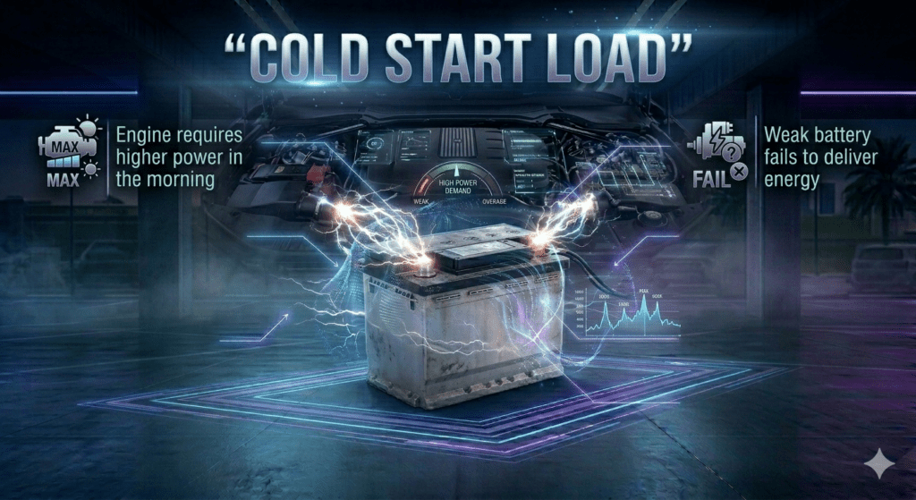 Cold start load infographic showing engine requiring higher power in the morning and weak battery failing to deliver energy