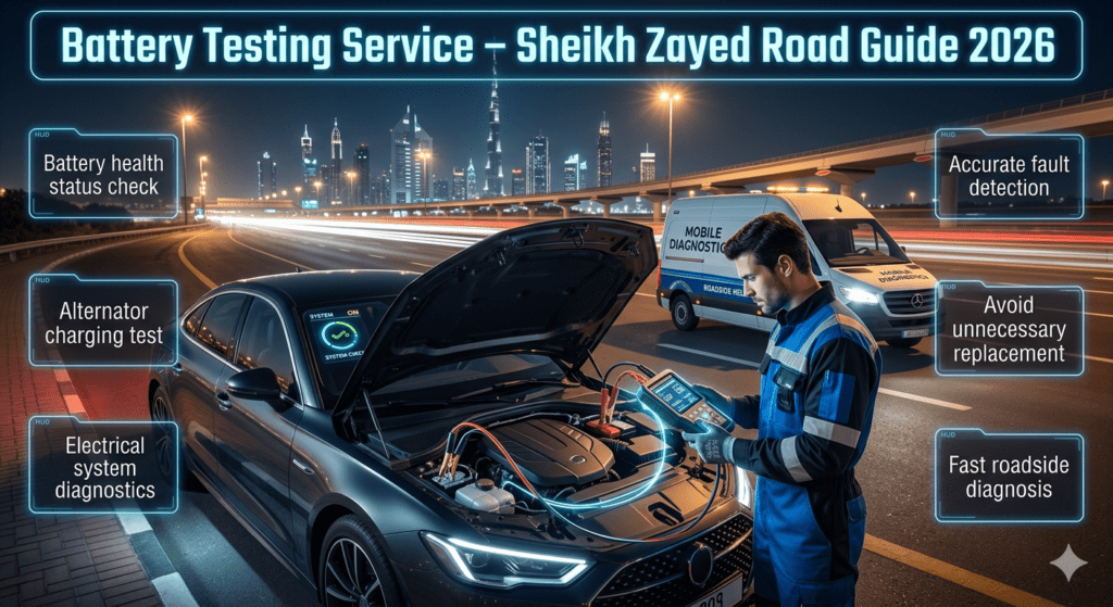 A cinematic roadside assistance scene on Sheikh Zayed Road showing a technician performing battery and alternator testing on a luxury car using a digital diagnostic tool with futuristic service information panels.