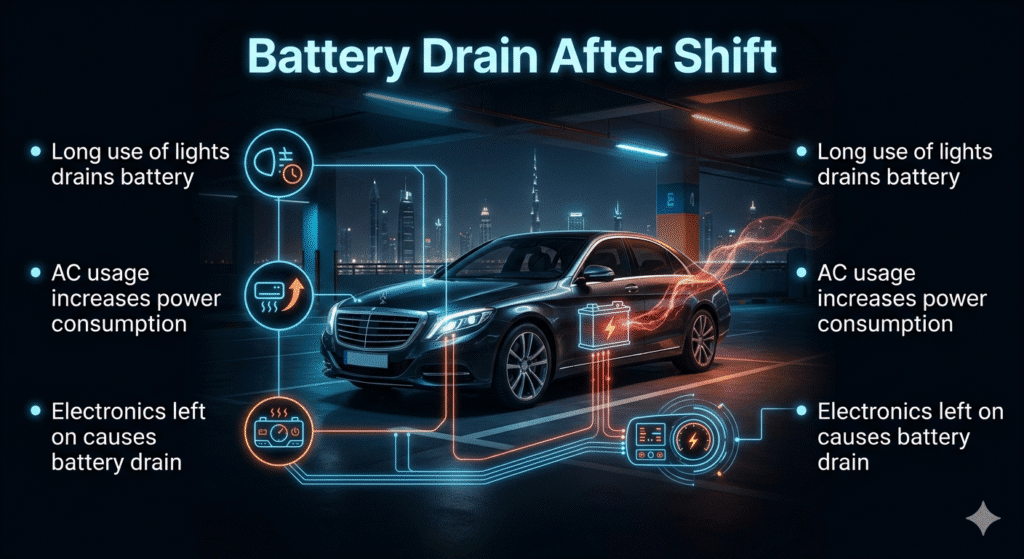 Battery Drain After Shift Infographic showing battery drain after shift caused by lights, AC, and electronics