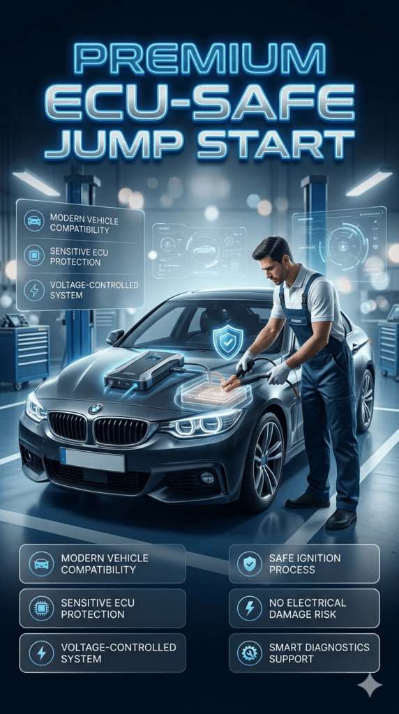 Premium ECU-safe jump start service showing technician carefully connecting controlled voltage system to a modern luxury vehicle with sensitive onboard electronics protection.