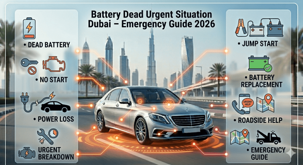 Car battery dead urgent situation in Dubai showing emergency breakdown and quick roadside solution