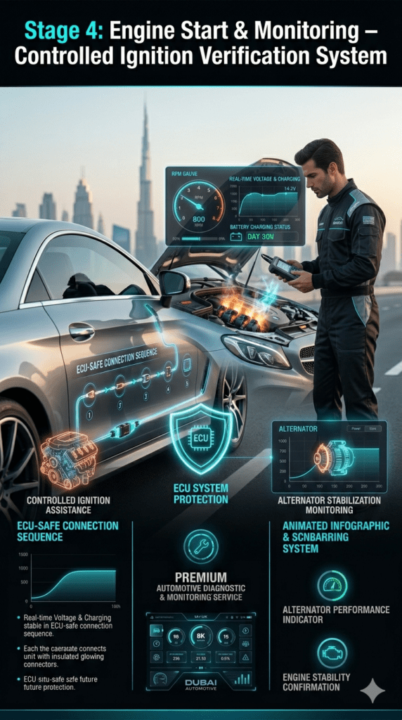 Engine start and monitoring stage showing technician assisting ignition while monitoring alternator stabilization and electrical system normalization.