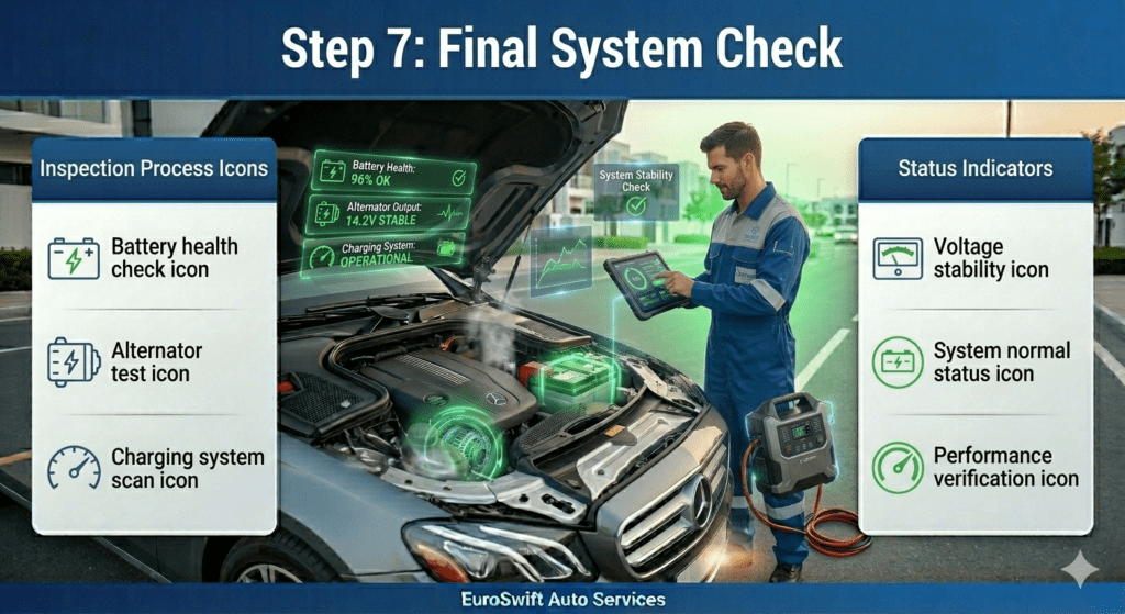 Technician performing final diagnostic check on car battery and charging system using a digital scanner after jump start service.