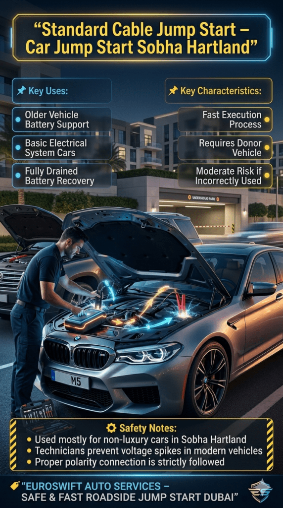 Standard cable jump start service in Sobha Hartland Dubai showing technician connecting jumper cables between two cars with infographic safety points and EuroSwift Auto Services branding.