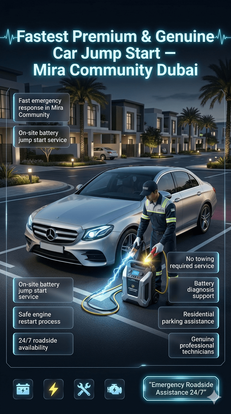 Professional roadside jump start service in Mira Community Dubai showing technician boosting a car battery with emergency equipment and safety guide points displayed on both sides.