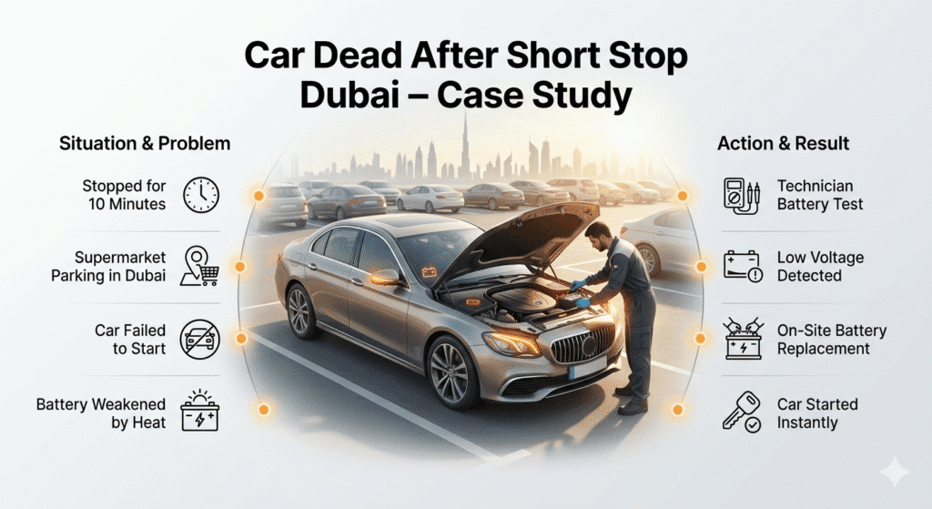 Real case study of car battery failure after short stop in Dubai with technician replacing battery on site