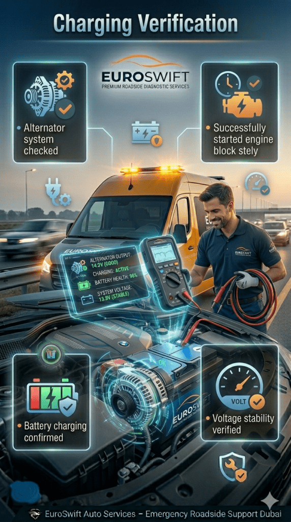 A roadside technician checking the car’s alternator and battery charging system using a diagnostic tool after engine restart.