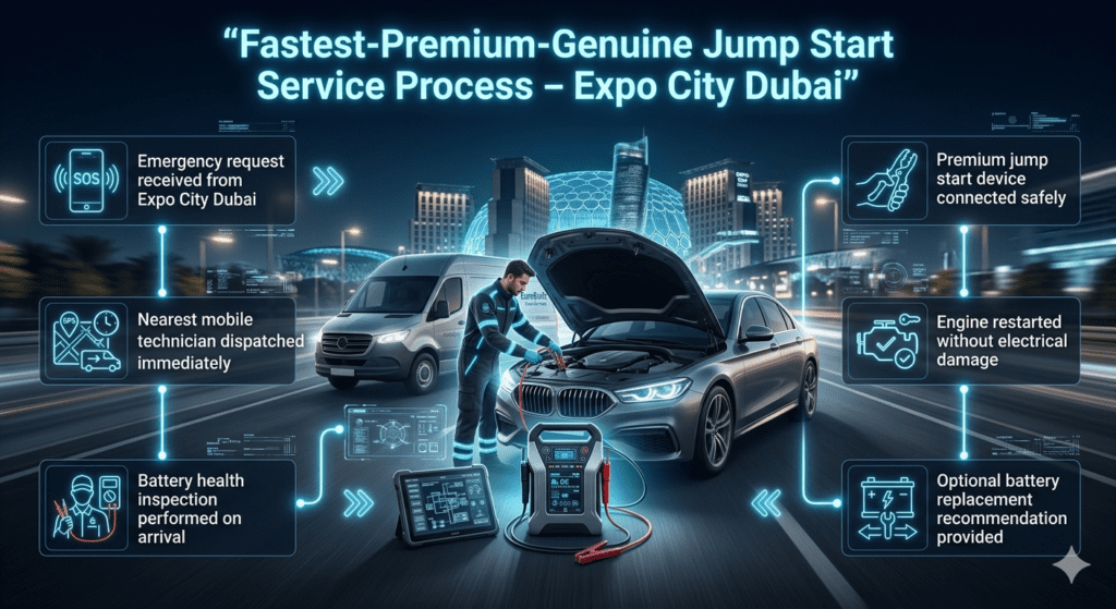 Step-by-step infographic showing premium jump start service process in Expo City Dubai with EuroSwift Auto Services technician, including emergency request, dispatch, inspection, jump start, engine restart, and optional battery replacement.