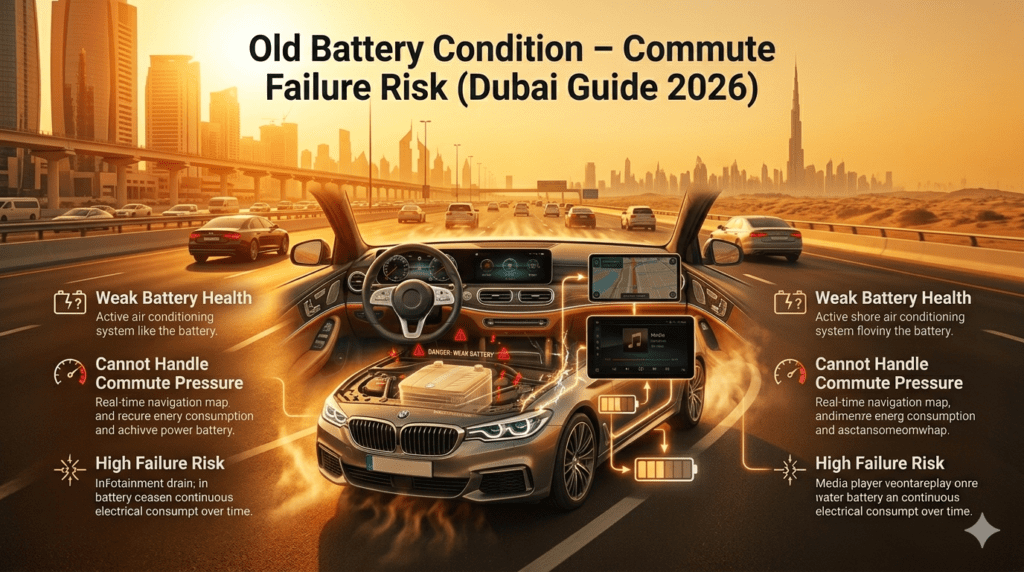 Old car battery condition in Dubai showing weak performance and inability to handle commute pressure