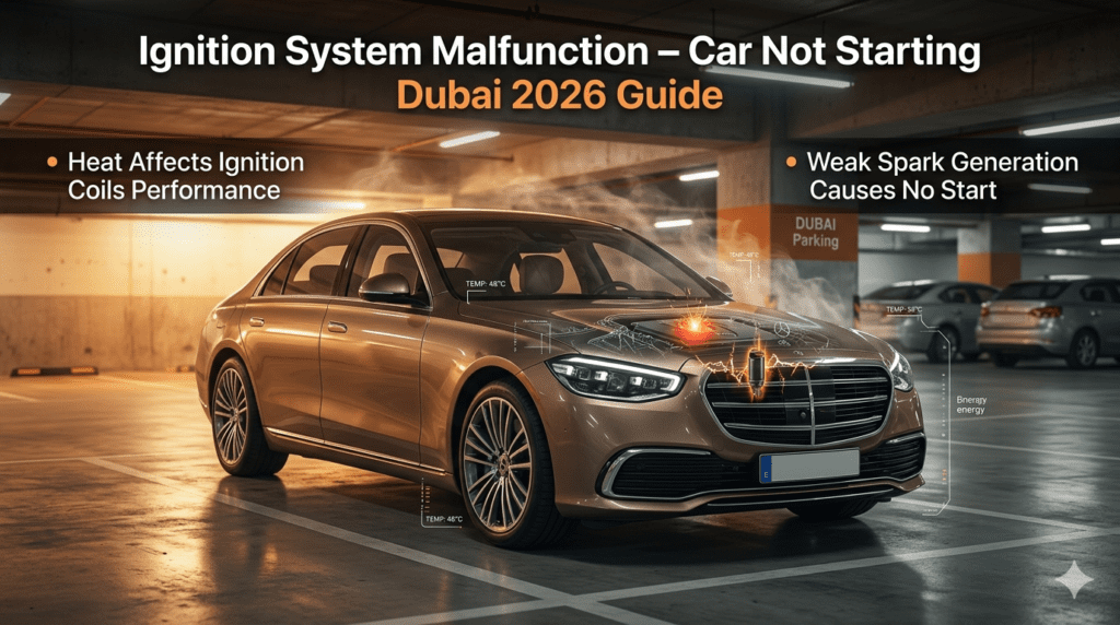 Ignition system malfunction in Dubai basement parking showing heat affecting ignition coils and weak spark generation causing car not starting.