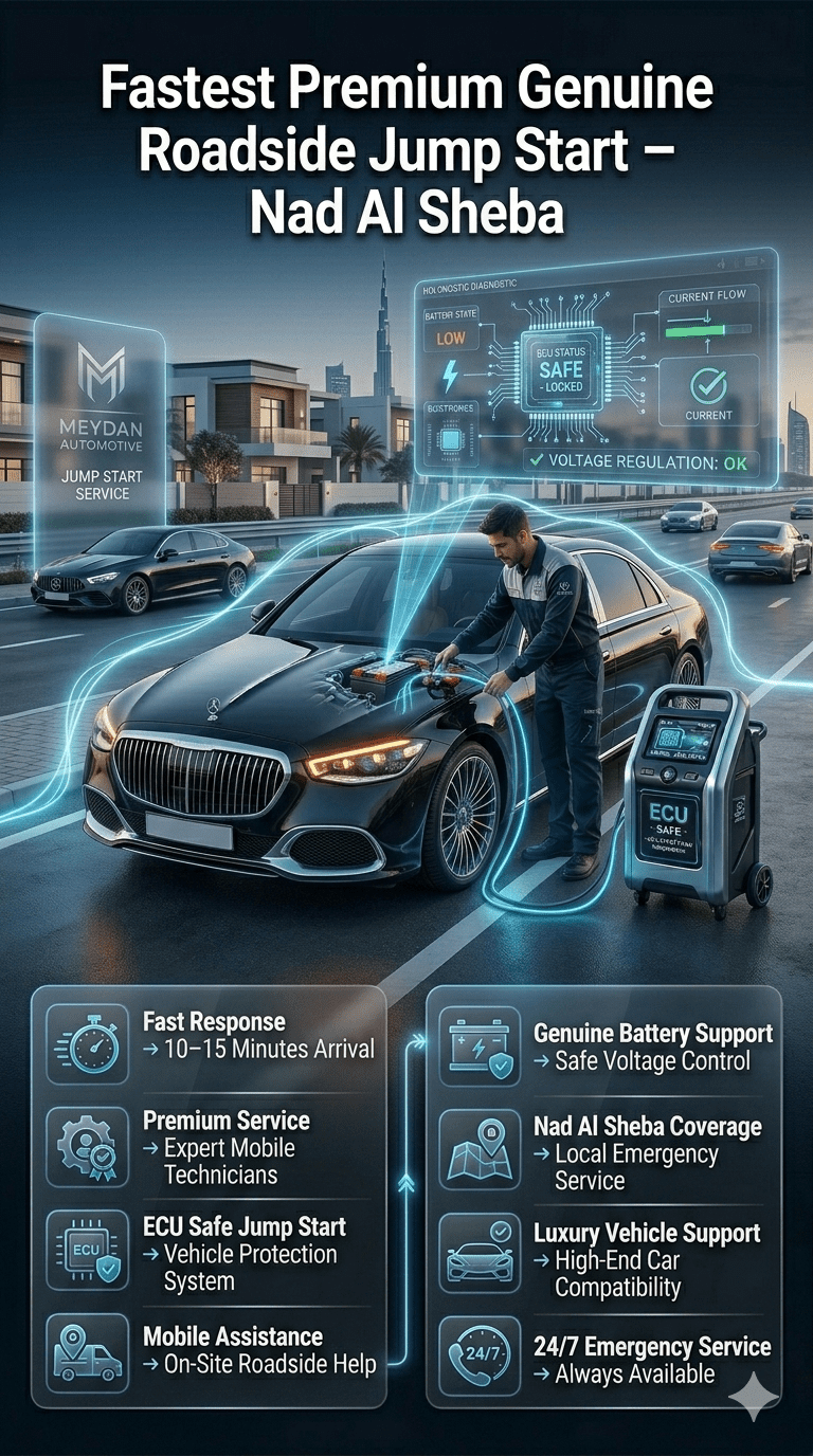 Premium automotive user guide infographic showing emergency ECU-safe roadside jump start service in Nad Al Sheba Dubai with mobile technician, luxury car support, and instant recovery system.