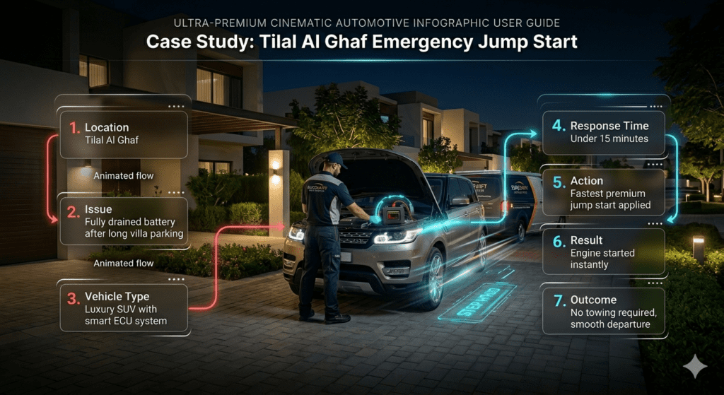 Case study infographic showing Tilal Al Ghaf emergency jump start with EuroSwift Auto Services, including drained battery issue, fast response, jump start action, and instant engine restart without towing.