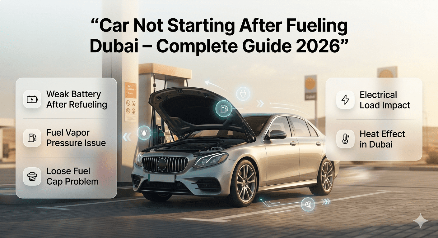 Car not starting after fueling in Dubai with battery and fuel system issues highlighted in a modern infographic style.