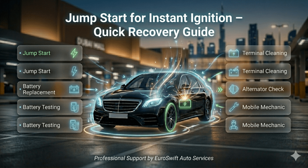 Infographic showing jump start and battery-related solutions for instant car ignition in Dubai.