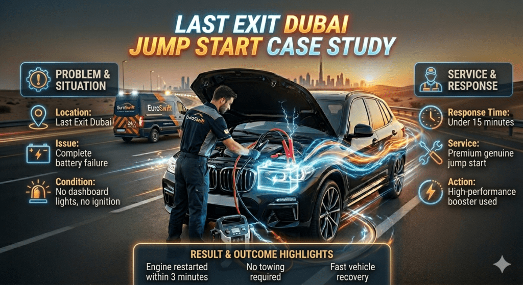 Case study of premium car jump start in Last Exit Dubai showing technician restoring vehicle battery with fast response