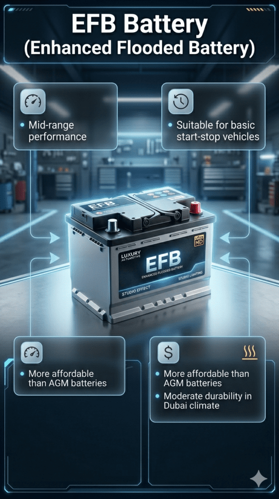 EFB Enhanced Flooded Battery infographic showing mid-range performance, start-stop compatibility, affordability, and durability in Dubai climate with automotive design layout