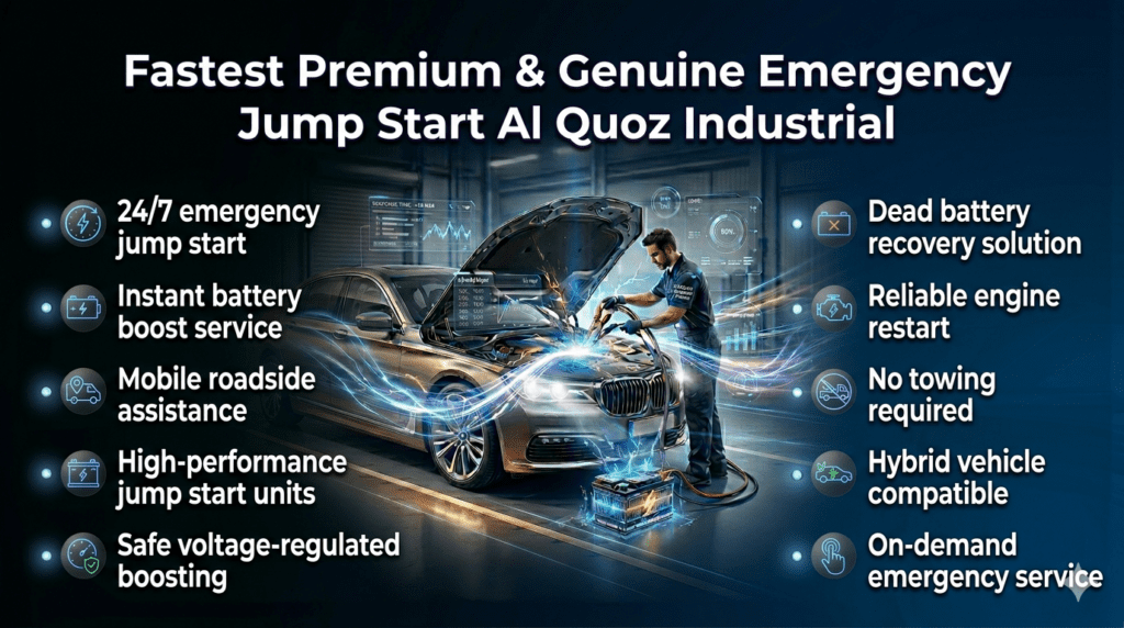 Emergency jump start service features in Al Quoz Industrial showing technician boosting car battery with key benefits listed.