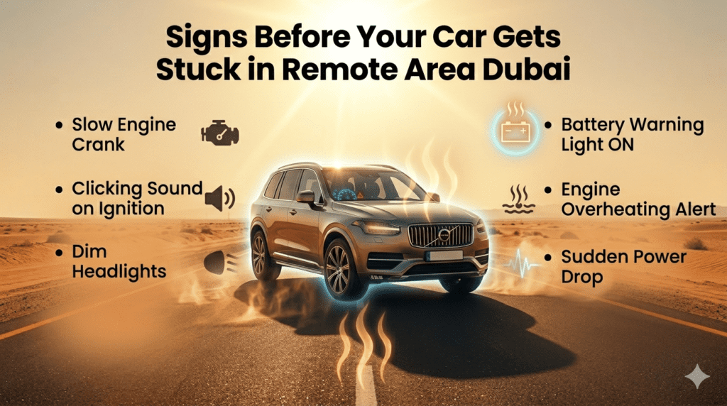 Warning signs before car gets stuck in remote area Dubai including slow crank dim lights and overheating alerts