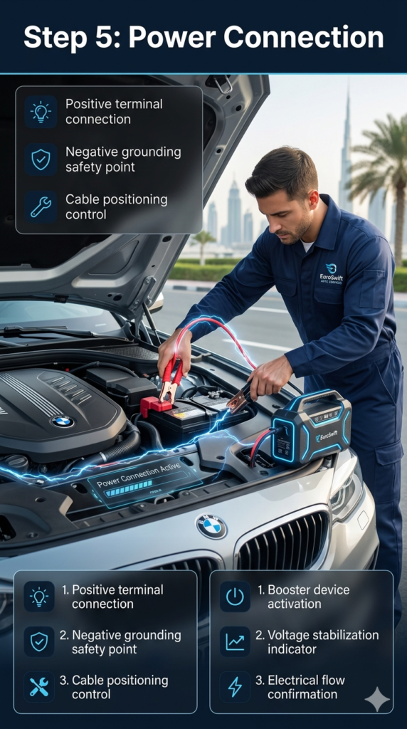 Technician connecting jumper cables and a booster device to a car battery during roadside emergency jump-start service.