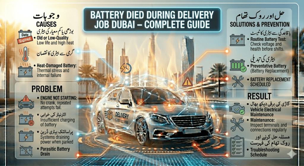 Infographic showing causes and solutions of battery dying during delivery job in hot Dubai conditions with delivery vehicle and heat effects