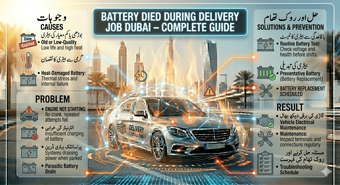 Infographic showing causes and solutions of battery dying during delivery job in hot Dubai conditions with delivery vehicle and heat effects