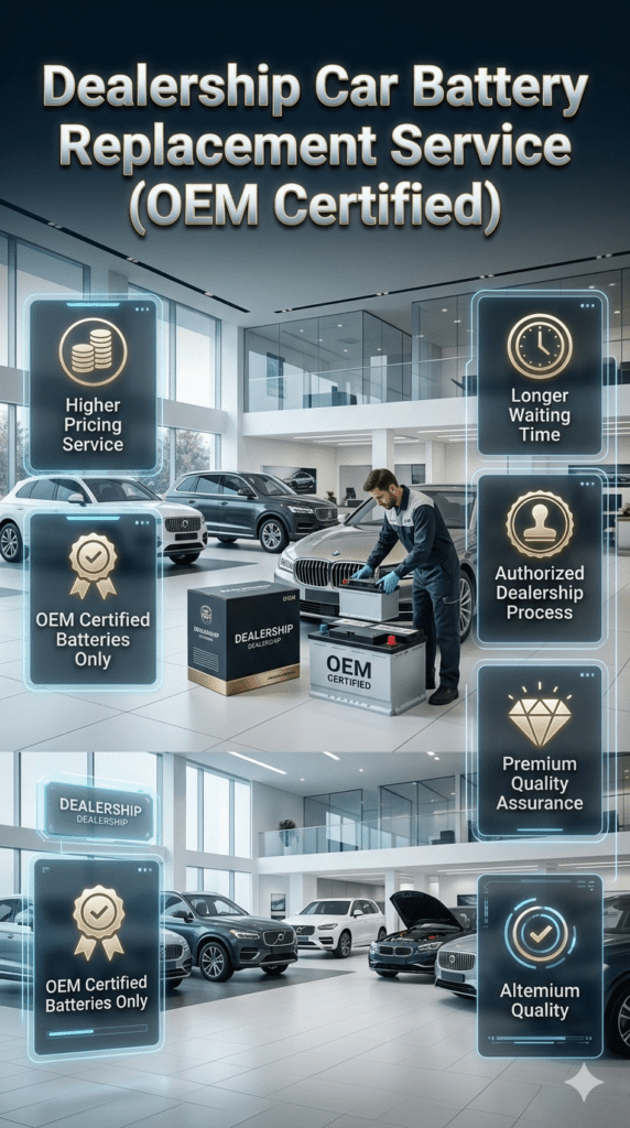 Luxury car dealership battery replacement service showing OEM battery installation, professional technician work, and premium showroom workshop with service information panels.