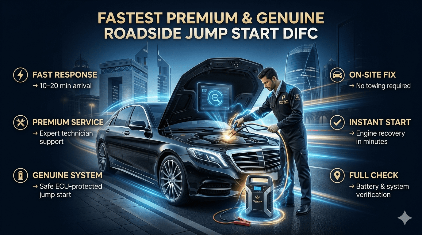 Premium roadside jump start service in DIFC Dubai showing technician performing ECU-safe battery boost with key service points displayed on sides.