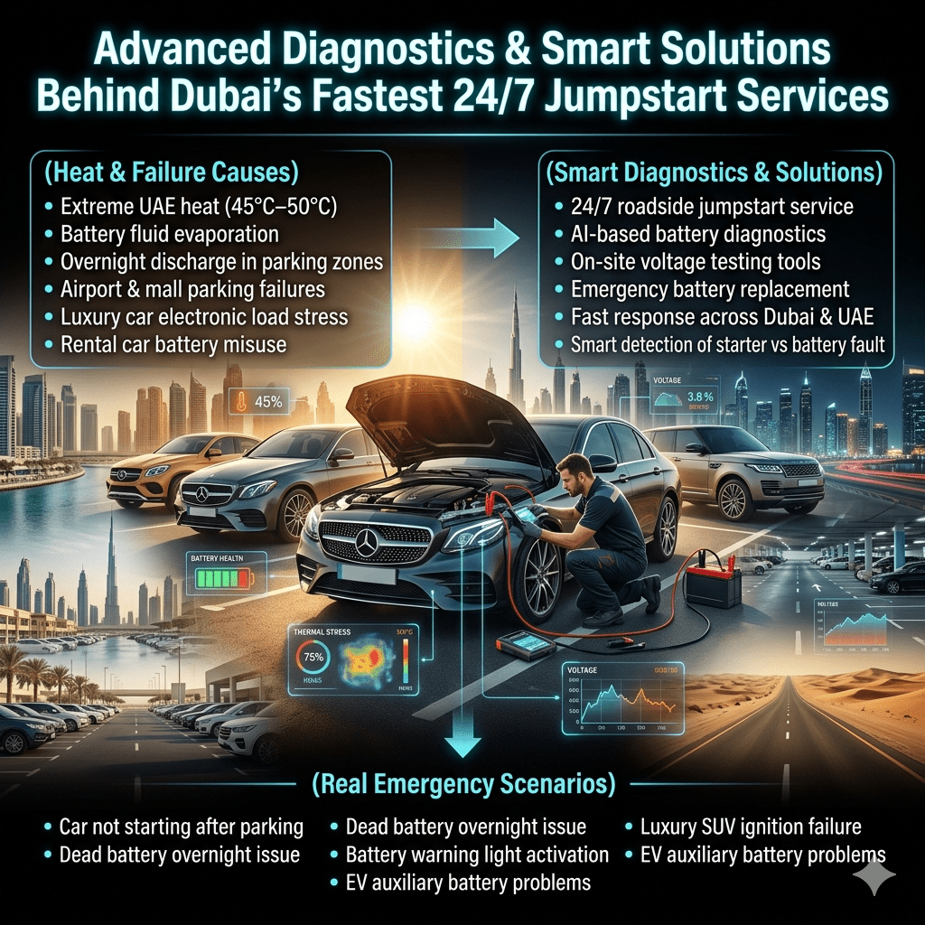 A futuristic Dubai roadside scene showing a luxury car with dead battery being diagnosed and jumpstarted using smart tools and holographic system overlays.