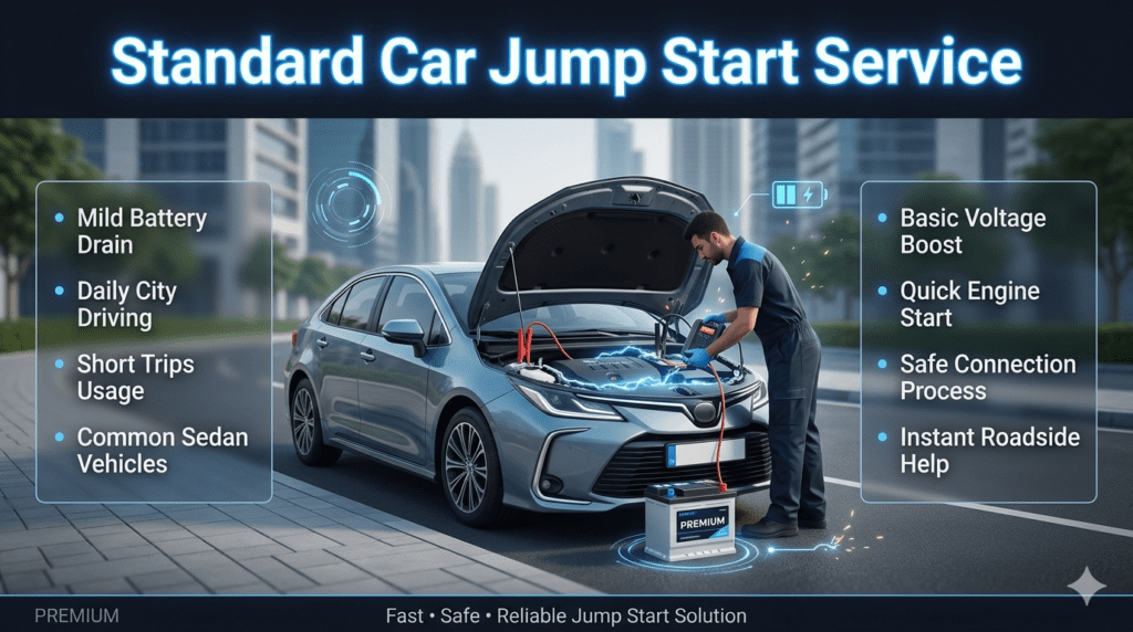 Standard car jump start service showing technician using portable battery booster on sedan vehicle for quick ignition recovery