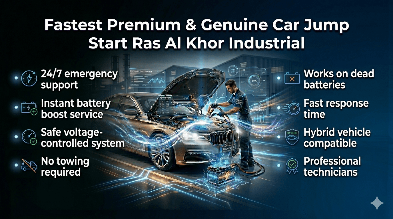 Emergency car jump start service in Ras Al Khor Industrial showing technician boosting battery with key service highlights displayed.