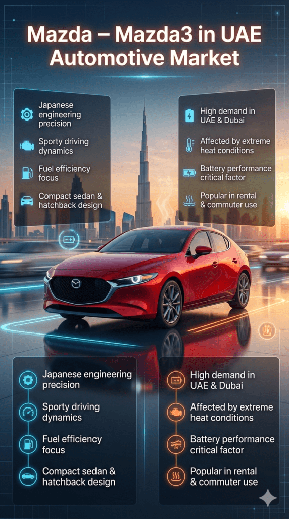 Mazda 3 UAE automotive infographic showing car in center with Dubai skyline background, highlighting performance, heat impact, and battery importance in compact sedan market.
