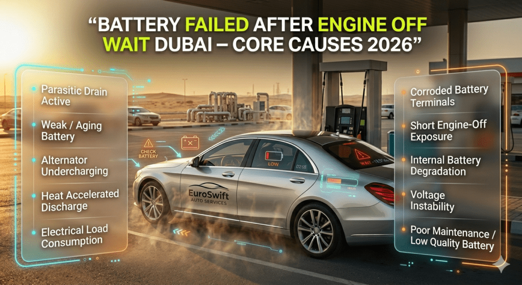 Car battery failure causes in Dubai showing heat, parasitic drain, alternator issues, and battery degradation in infographic style.
