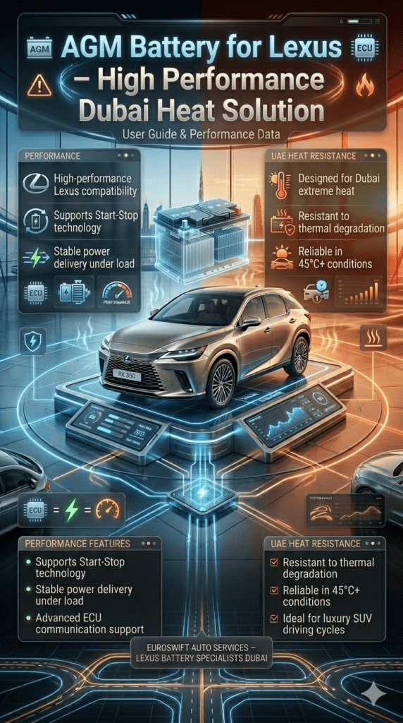 Luxury Lexus SUV with AGM battery infographic showing high performance, start-stop support, and heat resistance designed for Dubai extreme climate conditions.