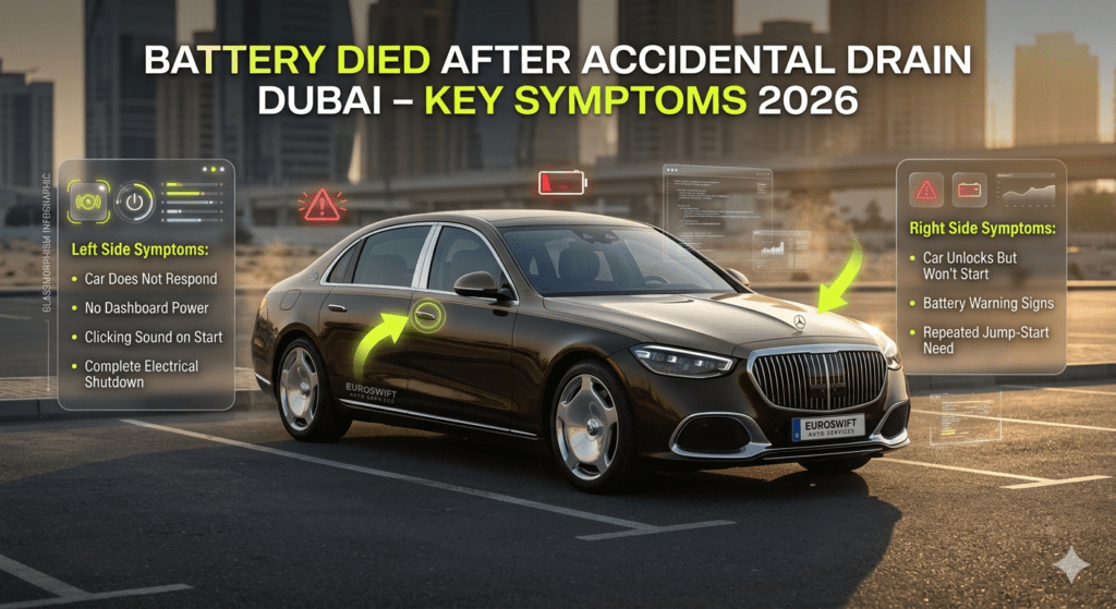 Battery died after accidental drain in Dubai showing symptoms like no response, no lights, and clicking sound.