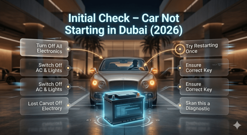 Driver performing initial check by turning off electronics and restarting car in Dubai mall parking.