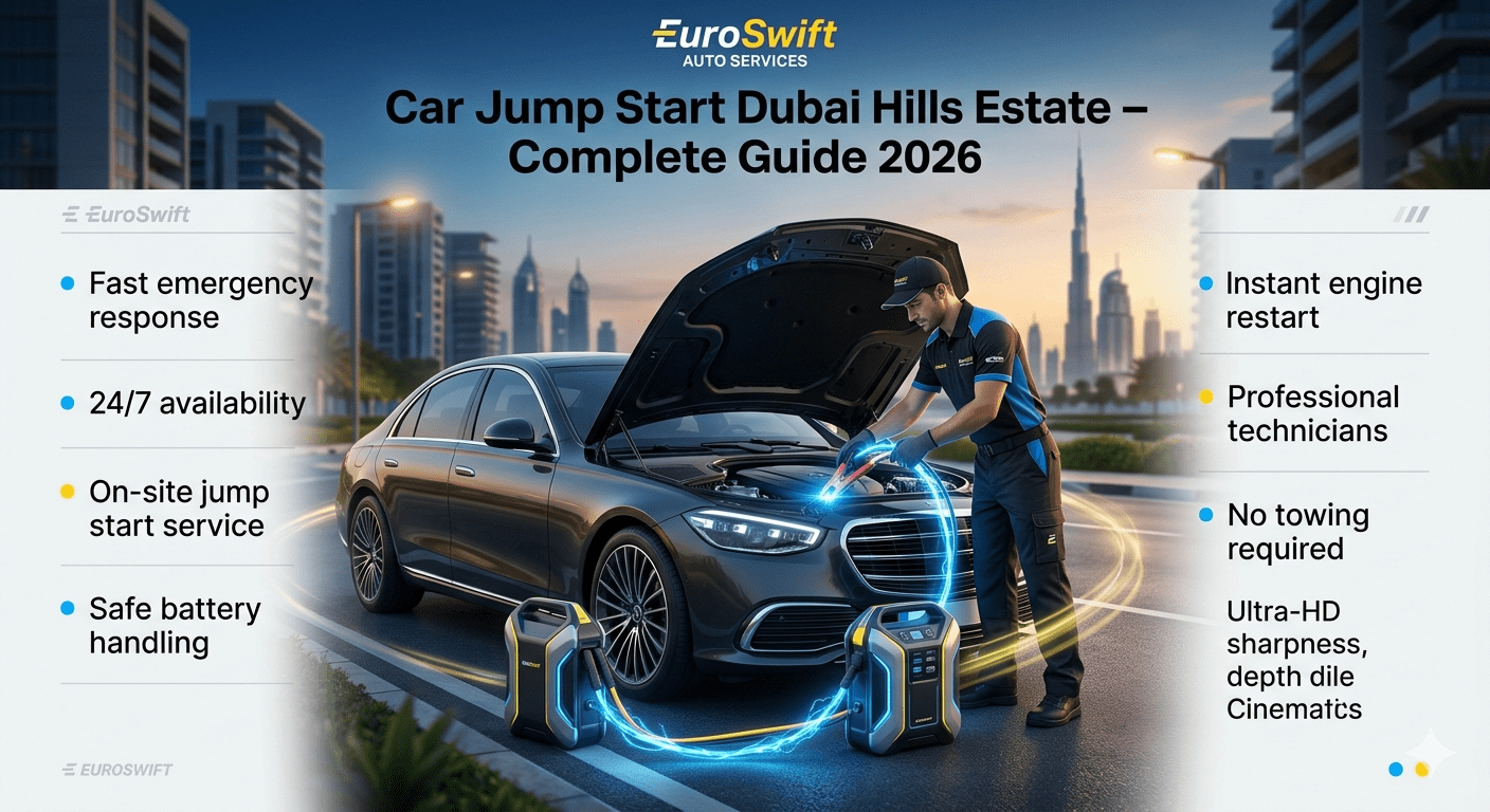 Car jump start service in Dubai Hills Estate showing technician boosting a car battery with key service points displayed around the image.