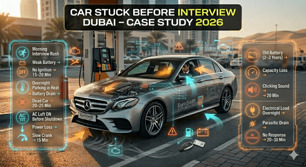 Case study table of car stuck before interview in Dubai showing causes, results, and fix times.